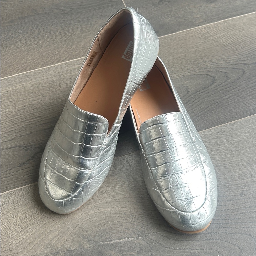 Fitflop Lena Croc-Embossed Silver Metallic Leather Loafer Flat Size 8 Comfort - Picture 15 of 16